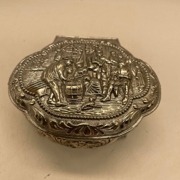 Unbranded Other - Vintage Silver Ornate Oval Casket Japanese Footed Jewelry Box Red Velvet Lined